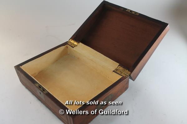 A Victorian rosewood box with inset brass plaque and military style brass handles, 30cm wide. - Image 2 of 2