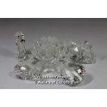 Five Swarovski crustal glass ornaments: flower form candle holder, rhino, swan, heart and begging