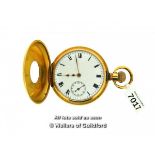Gold plated half hunter pocket watch, with white enamel dial, Roman numerals and subsidiary