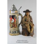 German musical stein, 29cm; novelty pottery tobacco jar modelled as a muskateer, chipped and