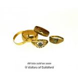 Five 9ct gold rings, including three band rings, a signet ring set with a small diamond, and a gypsy