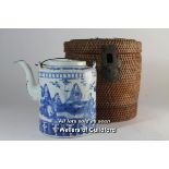 A Chinese blue and white teapot in wicker fitted case, the case with carrying handles, 21cm.
