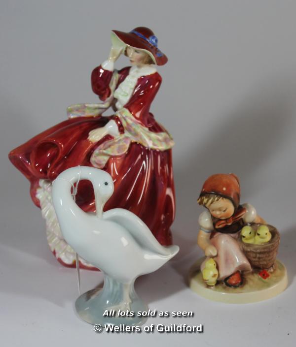 Lladro preening duck; Hummel figure, girl feeding chicks; Royal Doulton Top o' the Hill, 1937