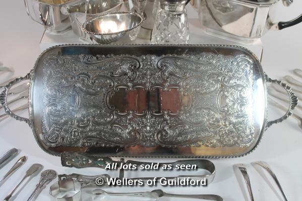 Pair of silver sugar nips and a silver napkin ring, 45g; a quantity of silver plated wares including - Image 3 of 17