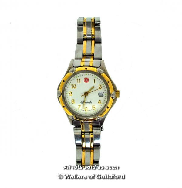 Ladies' Wenger wristwatch, circular cream dial with Arabic numerals and date aperture, in two tone