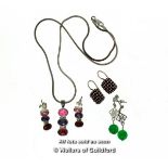 Coloured stone set silver drop earrings with matching pendant necklace, a pair of silver drop