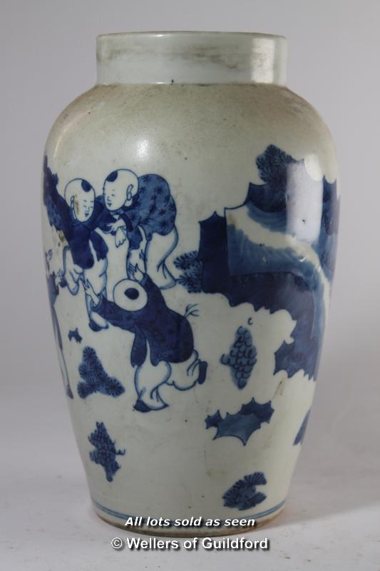 A Chinese blue and white baluster vase, two rings to base, 24cm