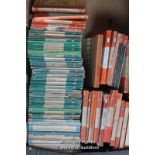 Vintage Penguin paperbacks, orange, blue and green covers.