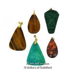 Five stone pendants, including two cats eyes pendants, a malachite pendant and two agate pendants