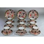 Crown Derby imari pattern, set of nine cups and saucers, three tea plates