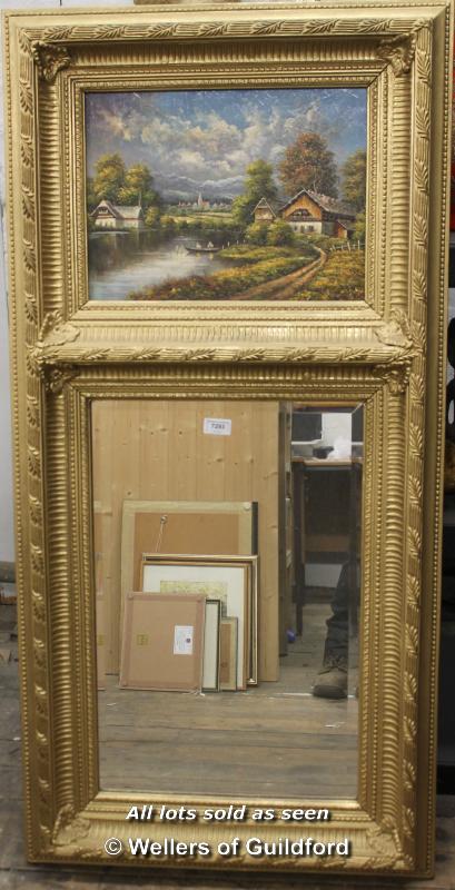 A 20th Century trumeau mirror, the painted panel depicting a rural village by a lake, bevelled