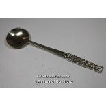 An Arts & Crafts silver serving spoon by Sandheim Bros, with hammered bowl and pierced handle,