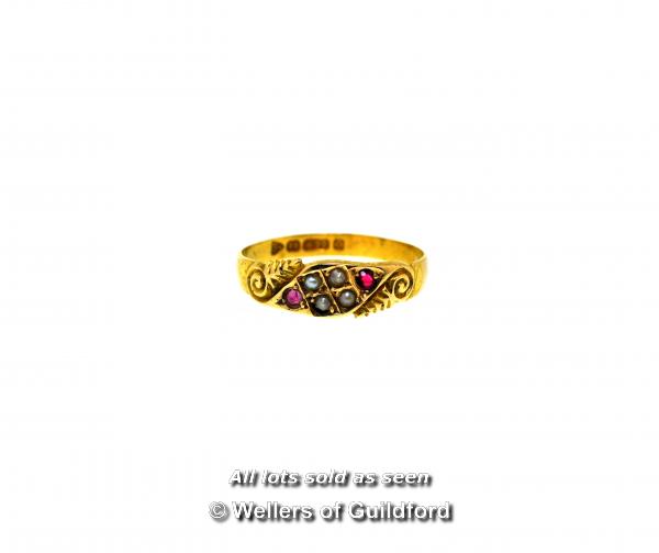 *Georgian seed pearl and red stone ring, mounted in 15ct yellow gold, gross weight 1.9 grams, ring