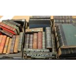 Quantity of large, mostly leather bound books, including encyclopaedias, dictionaries and so on.