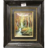 An enamelled panel depicting a woodland scene, signed R.Sarlandie, Limoges, framed, 19 x 13.5cm