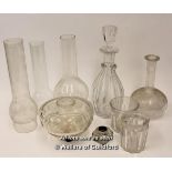 A small quantity of glassware to include oil lamp chimneys, and decanters (9)