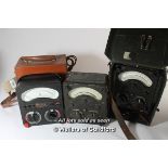 Avometer Eight Mk 6, cased; two Universal Avometers, one cased.