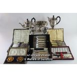 Silver plated wares: basket with swing handle, four place tea set; small rose bowl; boxed set of