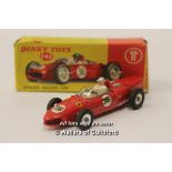 Dinky Toys no.242, Ferrari Racing Car, red body, regular wheels and figure, boxed