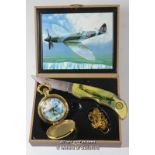 Novelty penknife and pocket watch set depicting spitfire airplane, boxed.