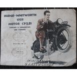 Brochure for Rudge-Whitworth 1928 Motor Cycles, sidecars and commercial side carriers; retailers