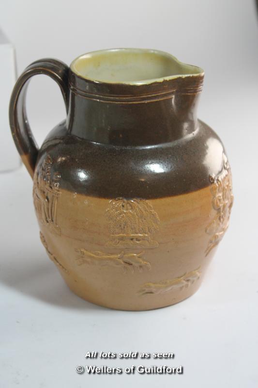 Royal Doulton stoneware hunting jug; three coloured glass bird or dolphin ornaments; large glass - Image 6 of 7