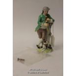 Meissen figure of a man leaning on a tree stump playing a musical instrument, a dog at his feet,