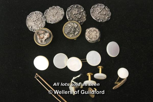 A set of four silver buttons, import mark for London 1903; 14kt gold stud; gold plated tiepin; three