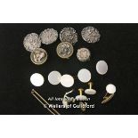 A set of four silver buttons, import mark for London 1903; 14kt gold stud; gold plated tiepin; three