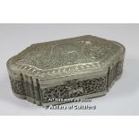 An Indian white metal box of cartouche shape, repousse with animal and foliage, 15.5cm wide.