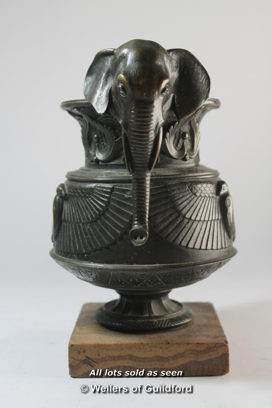 An eastern bronze vase with elephant head handles, marble base, 21cm. - Image 3 of 4