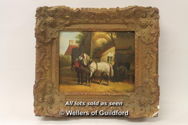 Oil on board, carthorses outside a building, signed Ve**eer, 23 x 28cm.