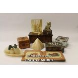 Bric-a-brac to include carved onyx bowl of fruit, miniature oak coffer, Chinese hardstone dog of
