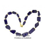 Lapis lazuli bead necklace, irregular shaped lapis lazuli beads with a yellow metal clasp stamped