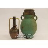 *Large green stoneware jug; 35cm; modern brass vase decorated with cherubs. (2) (Lot subject to