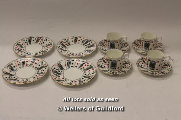 Elizabethan China set of four coffee cans, saucers and plates decorated with playing cards.