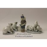 Lladro Inuit child with polar bear cub; three Lladro polar bear figure groups with adult and cubs (