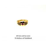 Ruby and seed pearl ring mounted in 15ct yellow gold, gross weight 2.5 grams, ring size L½