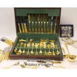 A modern Solignen canteen of gold plated cutlery; a boxed set of six gold coloured spoons.