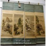 Four Chinese scroll paintings depicting landscapes,each 92 x 24.5 overall.