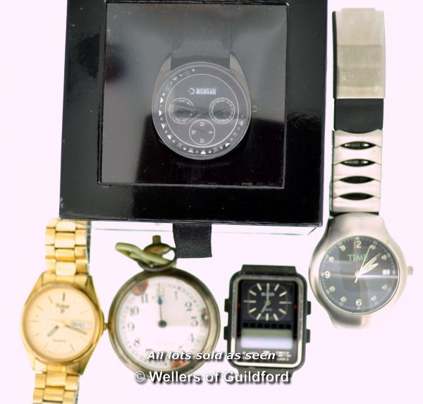 Four watches and a pocket watch, including a Timex and Pulsar