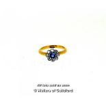 Sapphire and diamond cluster ring, central round cut sapphire with a a surround of eight old cut