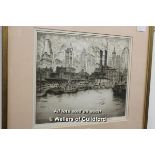 Vintage etching of New York city docks, signed indistinctly in pencil, 28 x 32.5cm