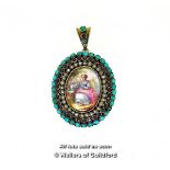 *Oval antique locket/pendant, painted picture of a lady to the centre, with a surround of turquoise,