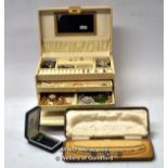 Jewellery box containing costume jewellery, including brooches, imitation pearls, marcasite necklace
