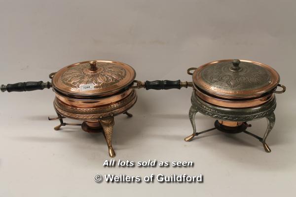 A pair of Iranian copper and white metal cooking vessels with spirit burners, approx 24cm diameter.