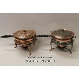 A pair of Iranian copper and white metal cooking vessels with spirit burners, approx 24cm diameter.