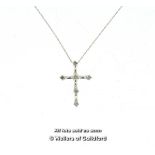 Diamond set cross and chain, six round brilliant cut diamonds mounted in a white metal cross,