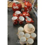 Noritake, 7 coffee cans and six saucers; Japanese red ground coffee set decorated with flowers.
