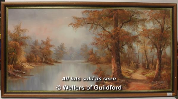 A large landscape oil painting depicting a forest by a lake, signed I.Cafieri, 120x60cm